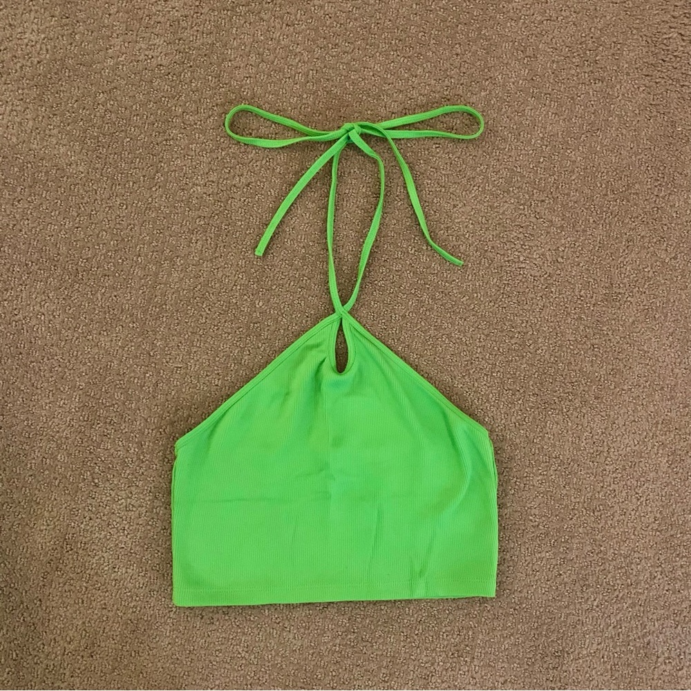 ZARA Neon Green Lime Halter Top Knit Stretchy Crop Top Keyhole